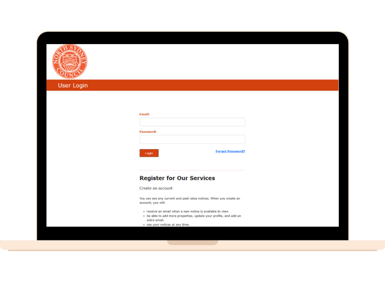 A graphic representation of a laptop with the North Sydney Council online rates portal log-in page on the screen