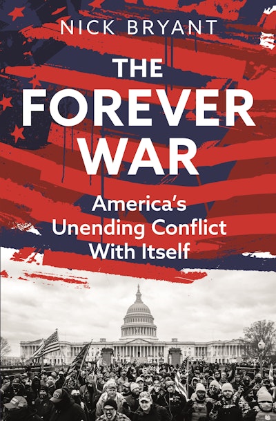 Book cover for 'The Forever War' depicting the American flag flying above the White House.