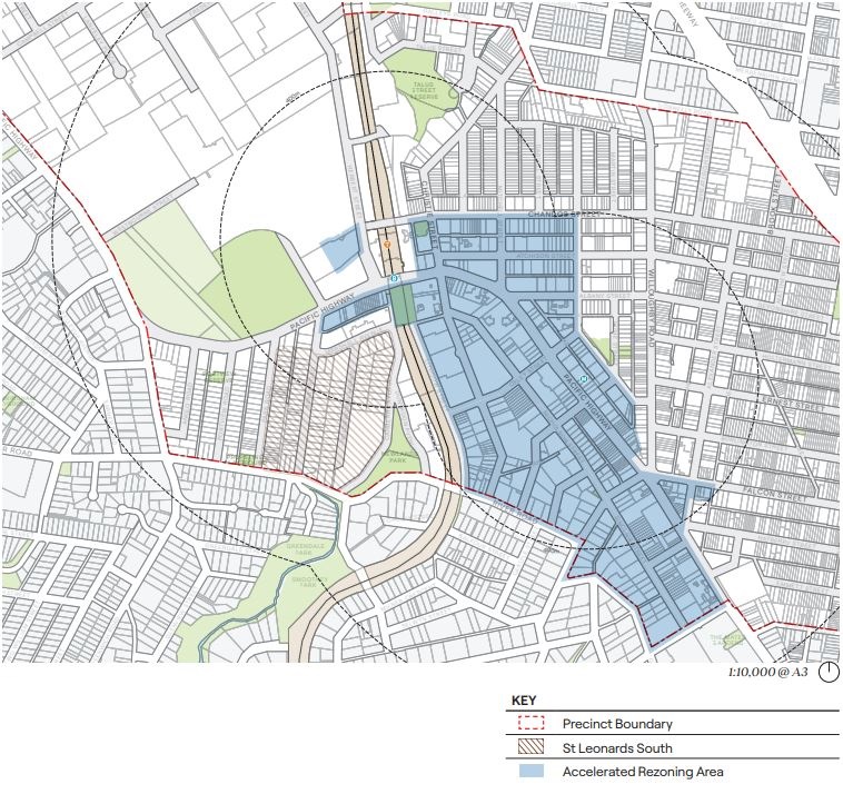 A map showing the area affected by the State Government's Transport Oriented Development (TOD) rezoning program in Crows Nest and St Leonards