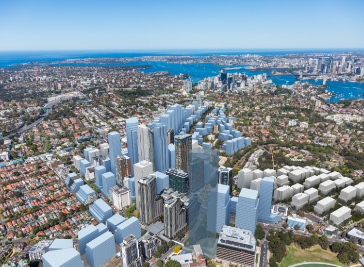 An aerial view of the Crows Nest area, showing possible new development under the State Government's rezoning