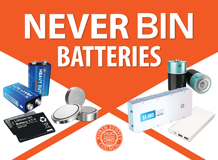 Graphic that displays 'never bin batteries' surrounded by different battery types