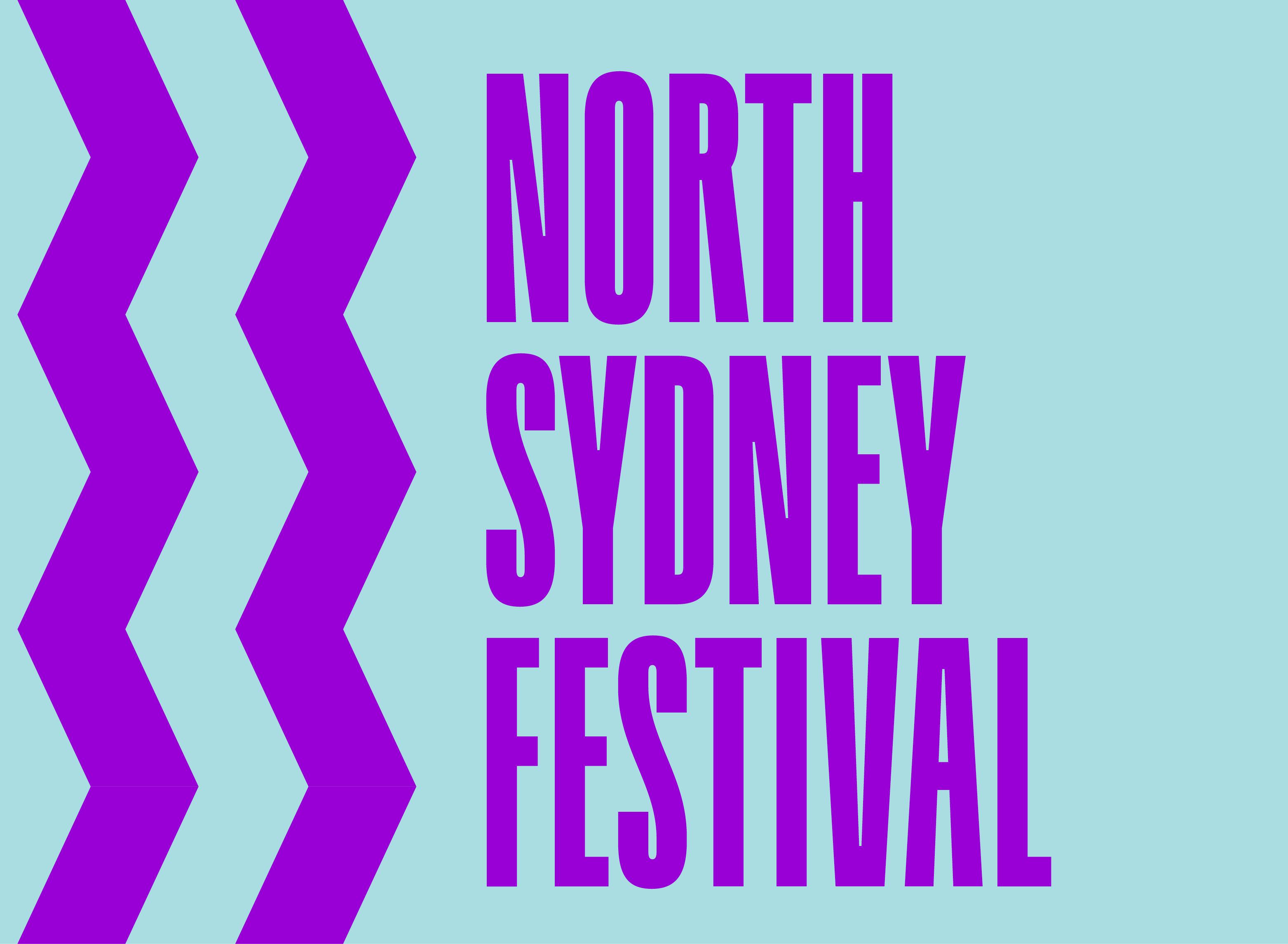 purple text saying &#039;north sydney festival&#039; on blue background with arrow graphic on left side.