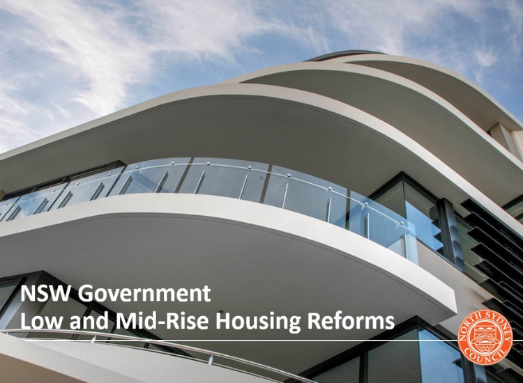 Presentation title slide showing a mid-rise apartment building from a low angle, with the presentation title NSW Government Low and Mid-Rise Housing Reforms