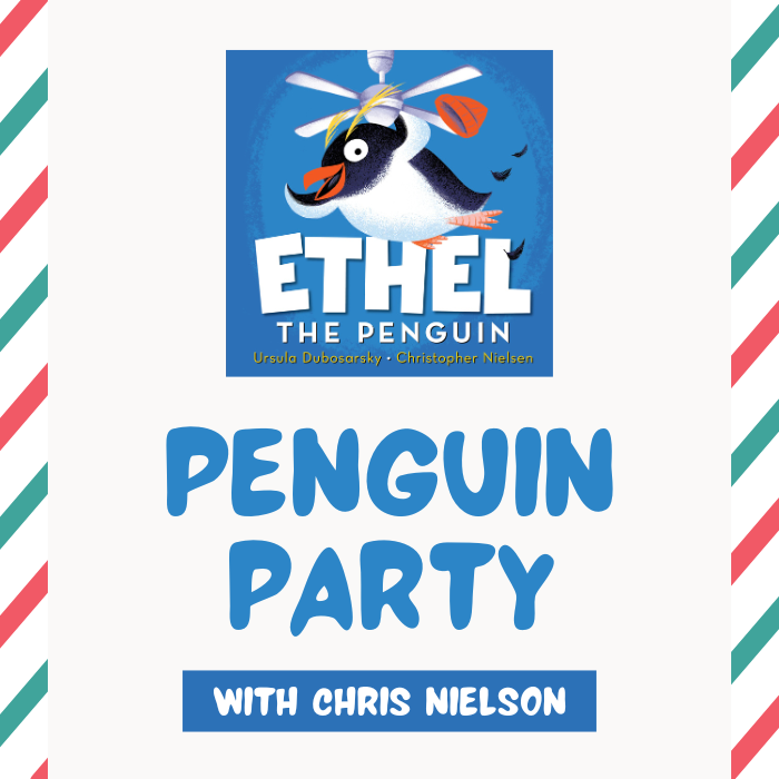 Book cover for Ethel the Penguin with titular fictional penguin Ethel swinging from a ceiling fan.