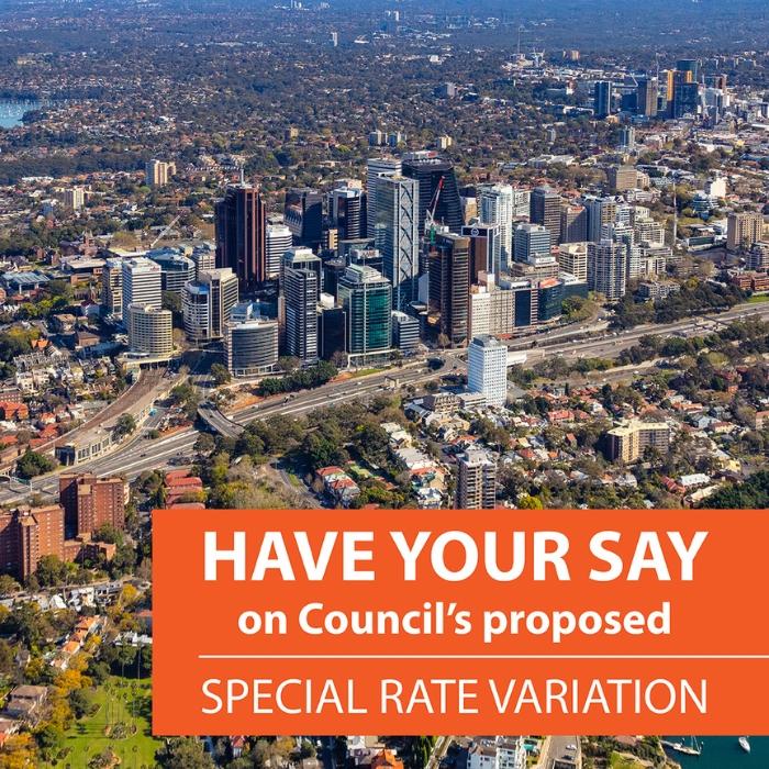 Aerial shot of North Sydney skyline with words that read 'Have Your Say on Council's proposed Special Rate Variation'