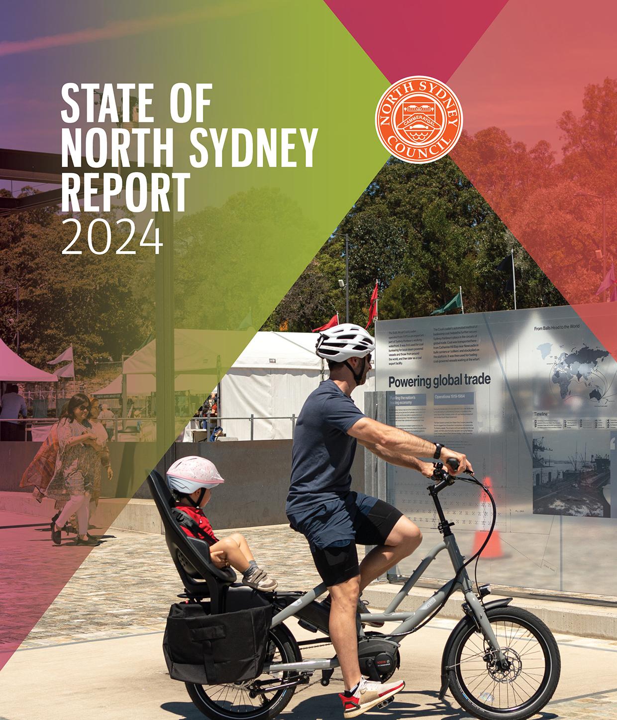 Report cover image that reads 'State of north sydney report 2024' with a man and boy riding a tandem bike