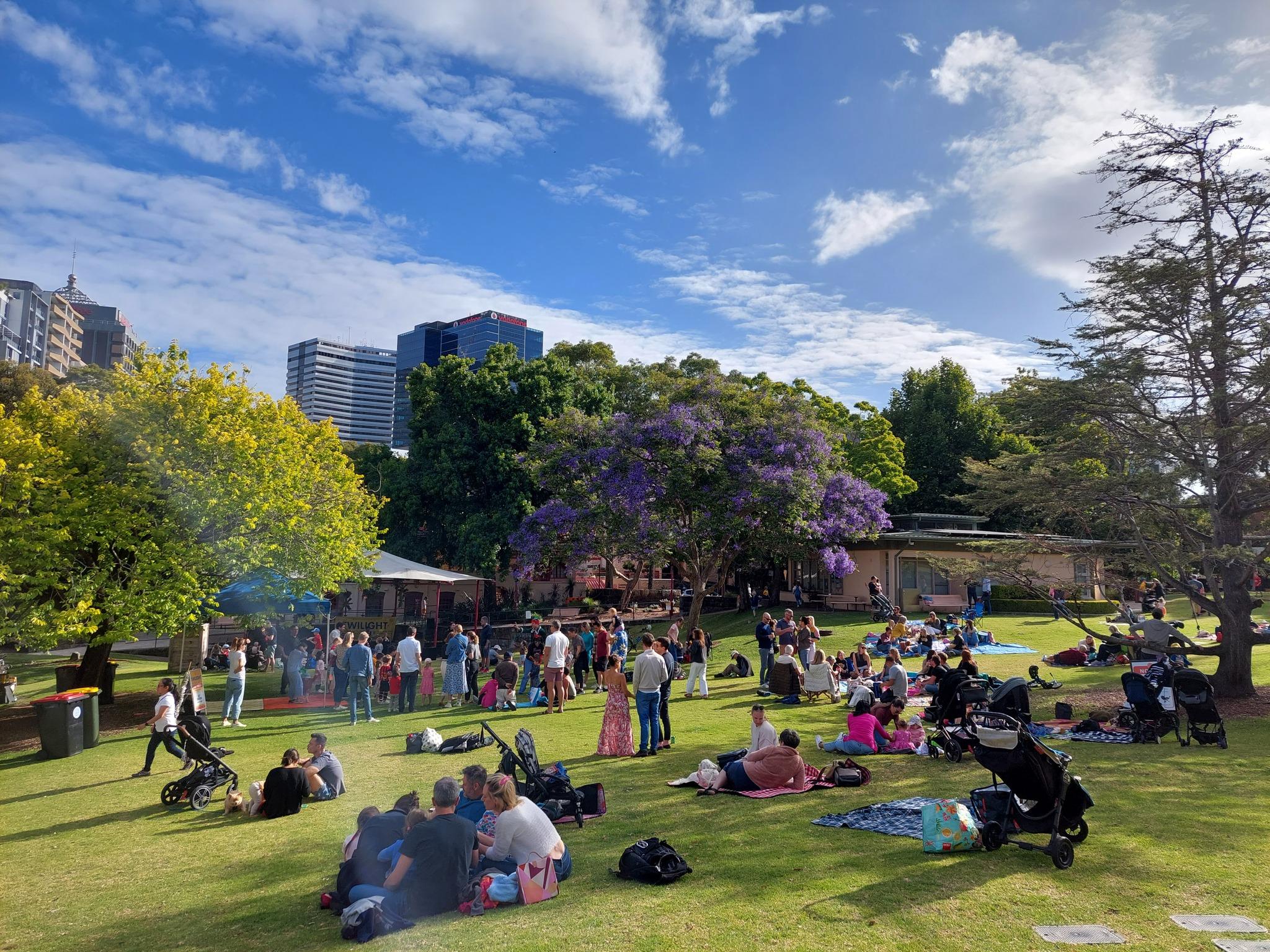 A group of people gathered on the green grass at a park, with blue sky over head.