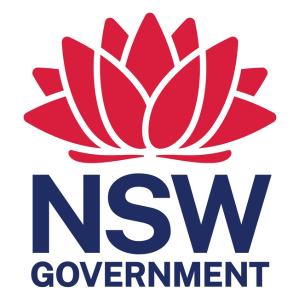 NSW Gov logo with red waratah with navy blue text below that reads NSW Government