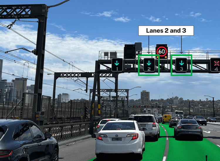 Sydney Harbour Bridge northbound, use lanes 2 or 3 to access the Ernest Street northbound off ramp.