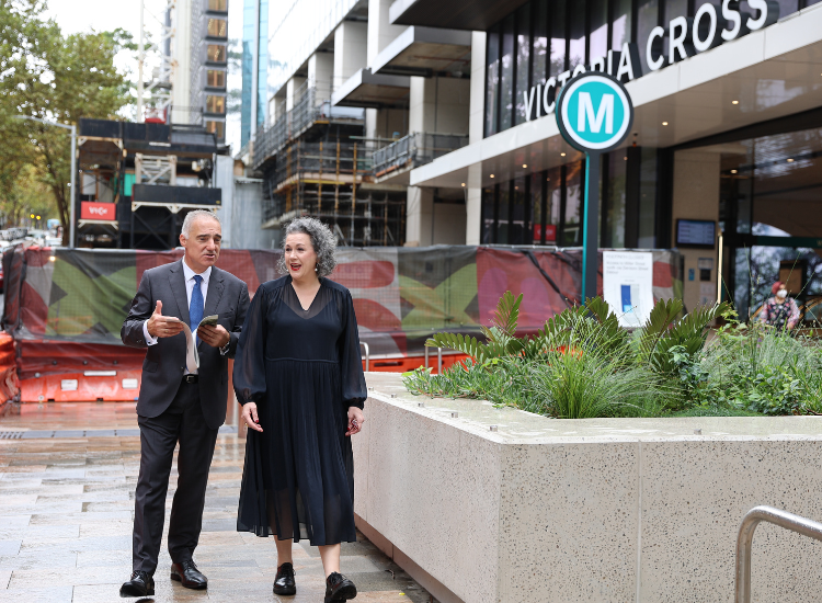 Mayor Baker and Paul Nicolaou outside victoria cross metro station on Miller Street