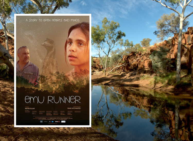 Movie poster for Emu Runner. Background is brown trees beside river under blue sky during daytime