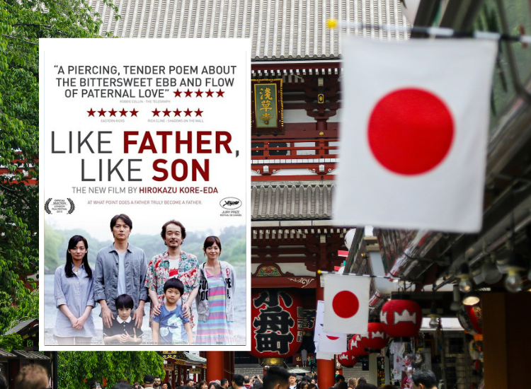 Movie poster for Like Father Like Son depicting two nuclear Japanese families with sons. Background: street outside a Japanese shrine.