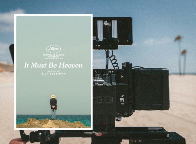 Movie poster for &#039;It Must Be Heaven&#039; depicting the a man standing on a cliff overseeing the sea, facing away from the camera.