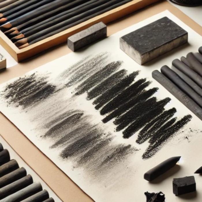 A collection of charcoal drawing tools arranged on a table, sticks of charcoal, charcoal pencils, a sheet of paper various charcoal strokes and shading techniques