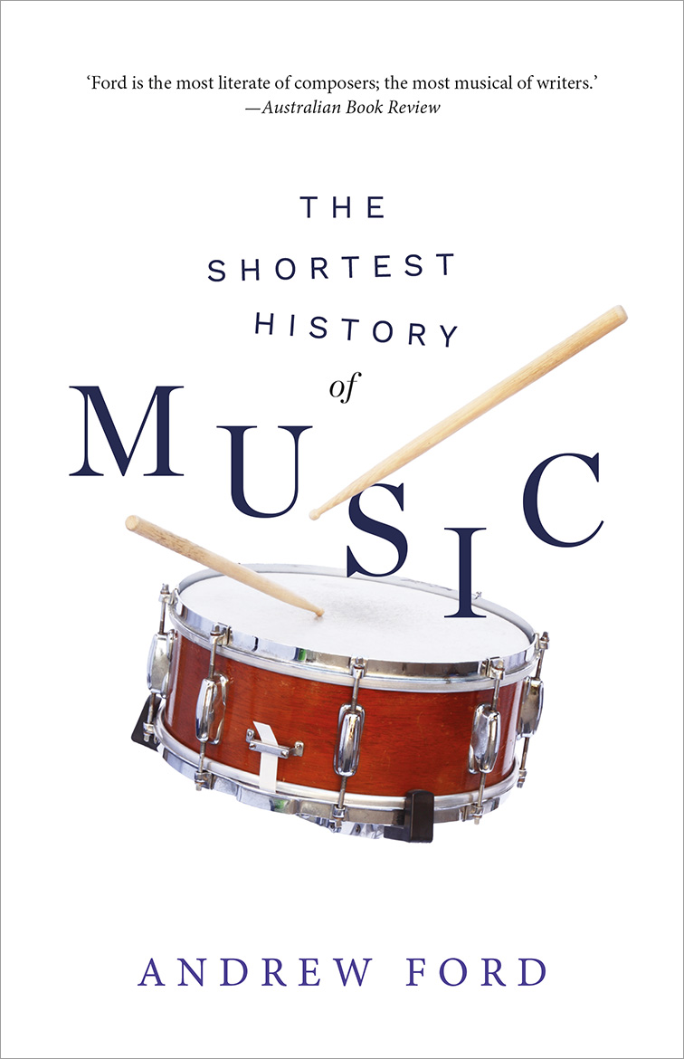 Book cover for 'The Shortest History of Music' depicting a drum with drumming sticks.