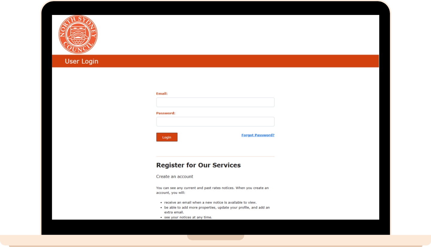 A graphic representation of a laptop with the North Sydney Council online rates portal log-in page on the screen
